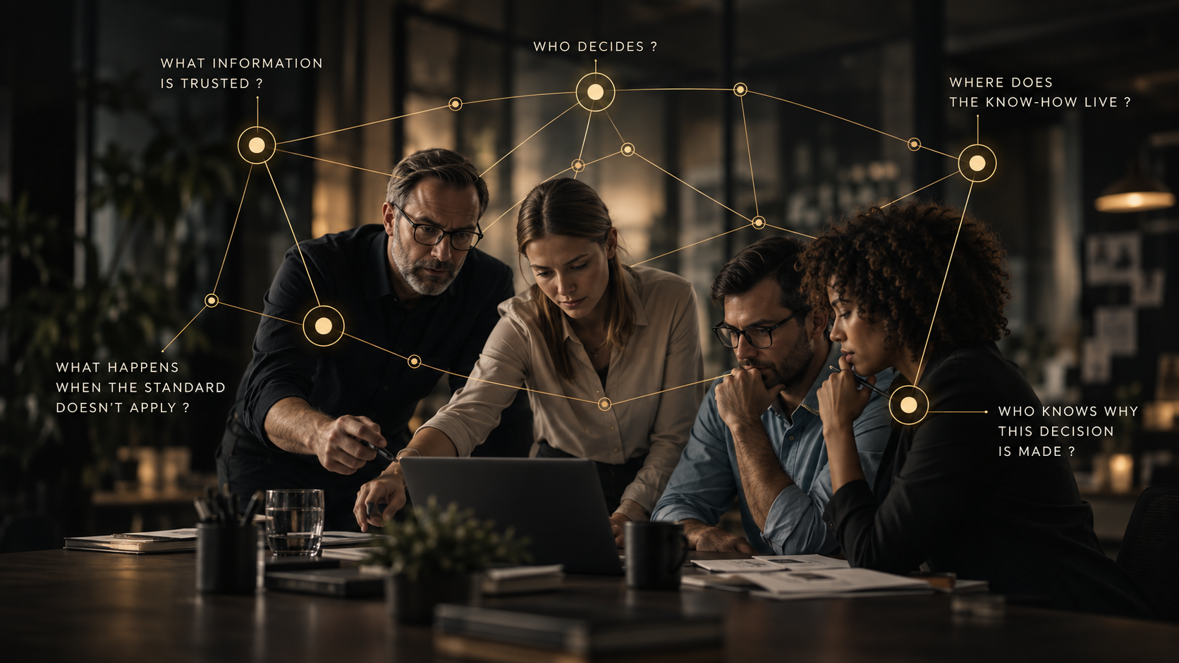 A team around a laptop with operating-model questions: who decides, what information is trusted, where does the know-how live, who knows why this decision is made