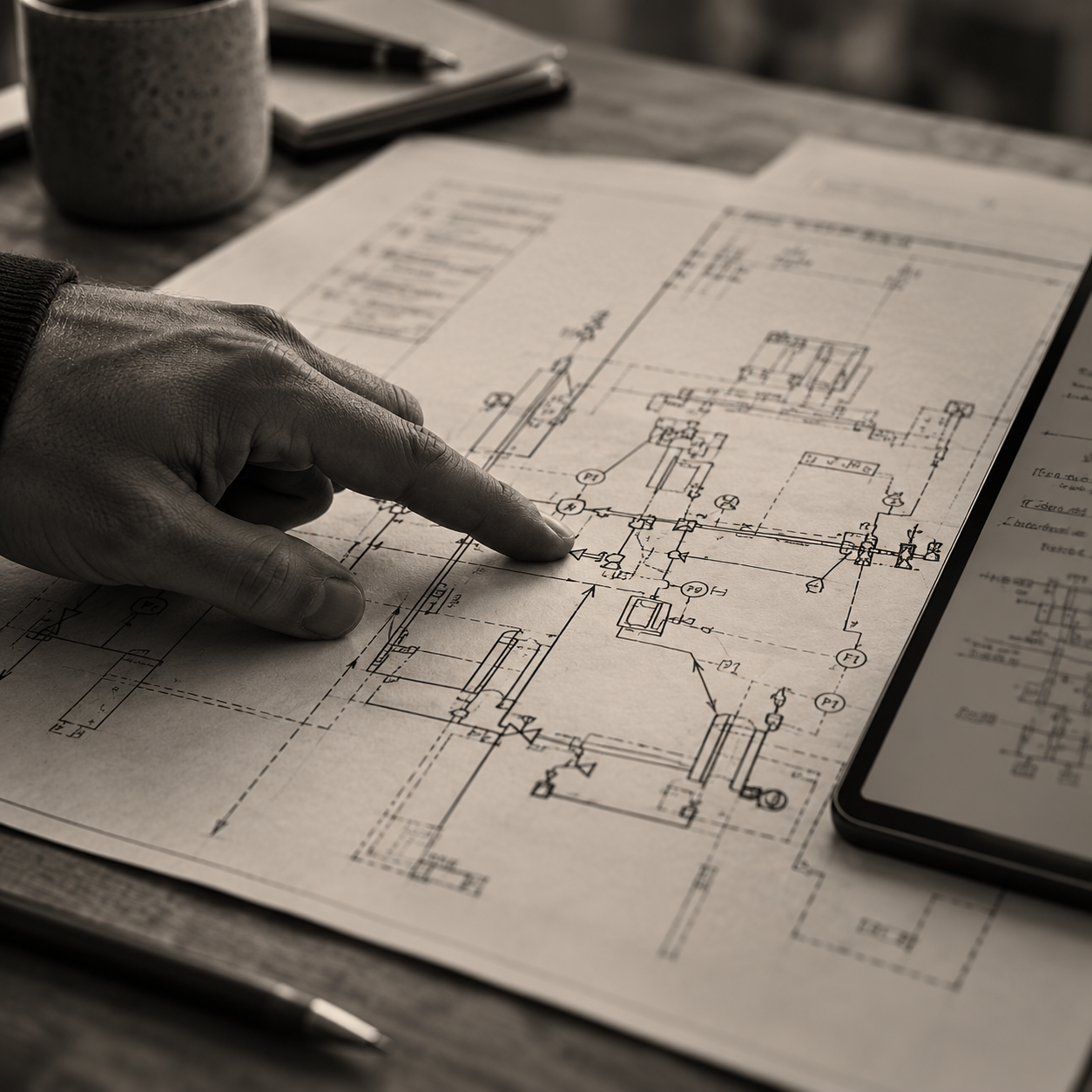 A hand reading a detailed technical plan on a work table