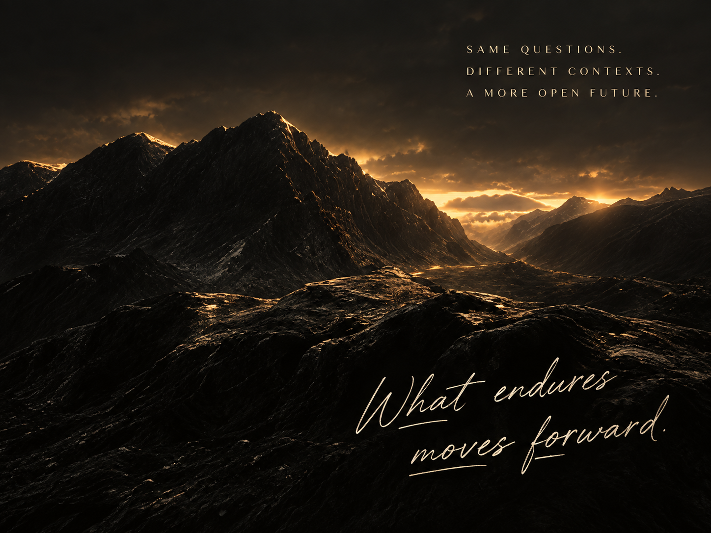 Mountain landscape carrying the words Same questions. Different contexts. A more open future. What endures moves forward.