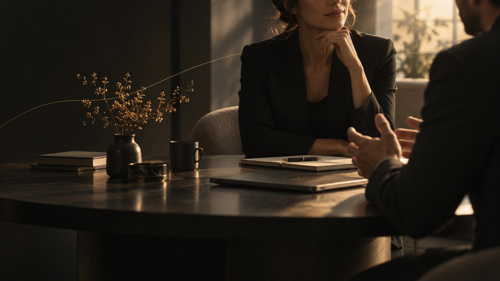 Two people in conversation in warm golden light