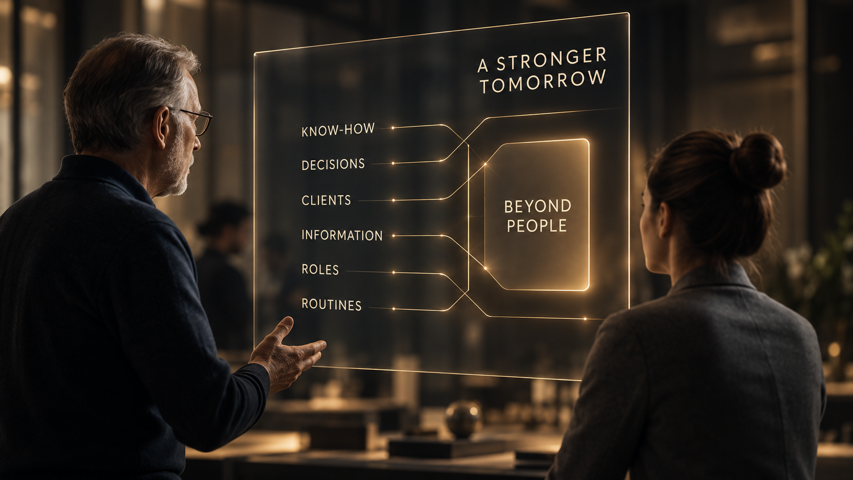 Two people in front of a board listing know-how, decisions, clients, information, roles and routines, moving beyond people towards a stronger tomorrow
