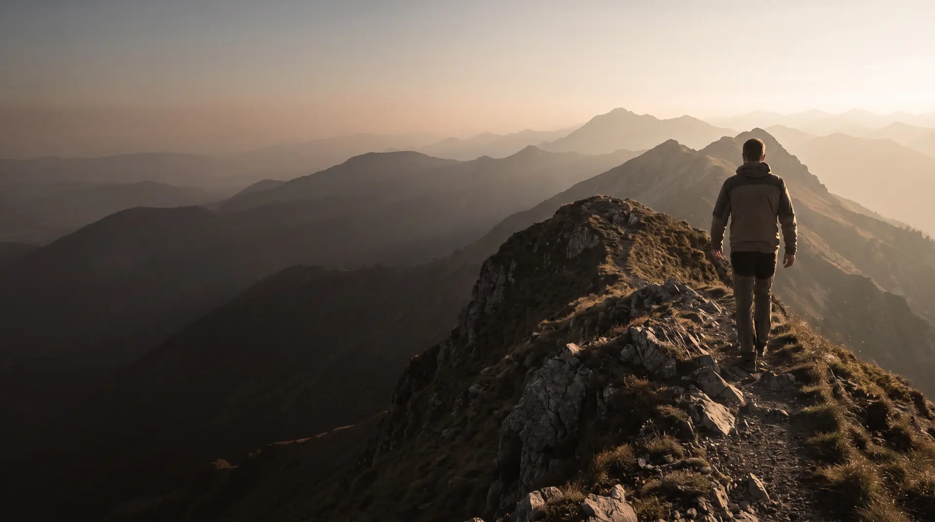 An SME leader walking along a mountain ridge at sunrise